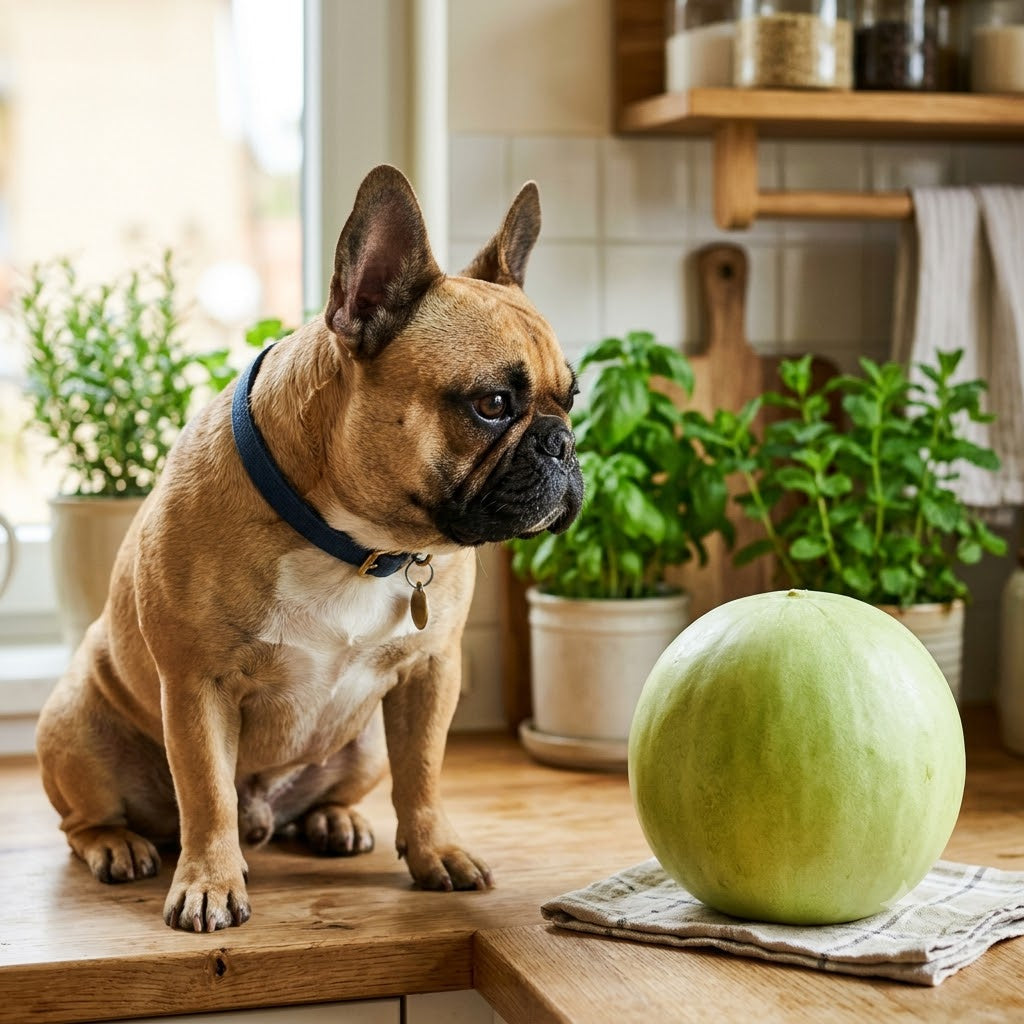 A French Bulldog is looking intently at a whole, round, pale-green honeydew melon resting nearby. The background is a gently blurred cozy kitchen with plants.