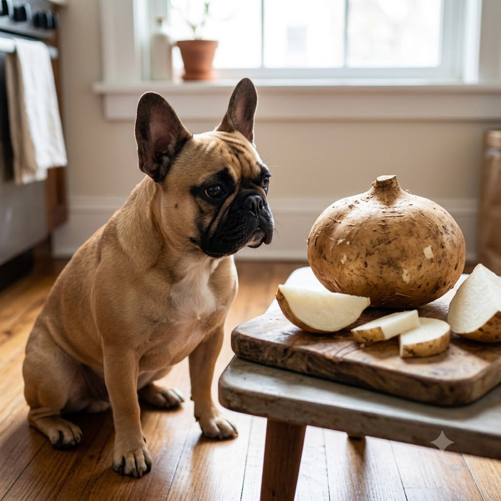 A close-up, square photograph of a fawn-colored French Bulldog sitting on a wooden kitchen floor and looking curiously at a large, whole Jicama root.