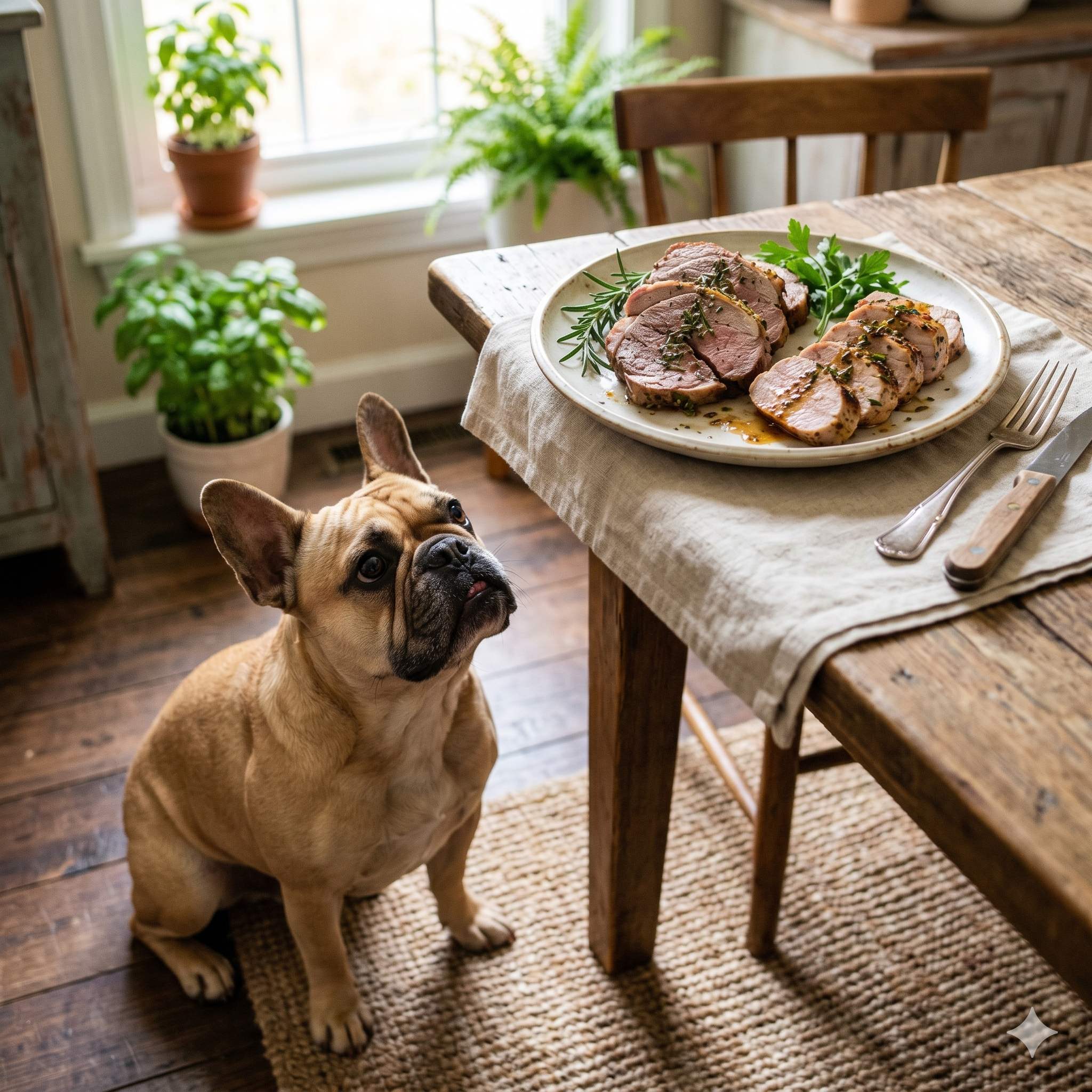 A fawn French Bulldog sits eagerly on a wooden floor, looking up at a plate on a dining table that holds cooked lamb and pork.