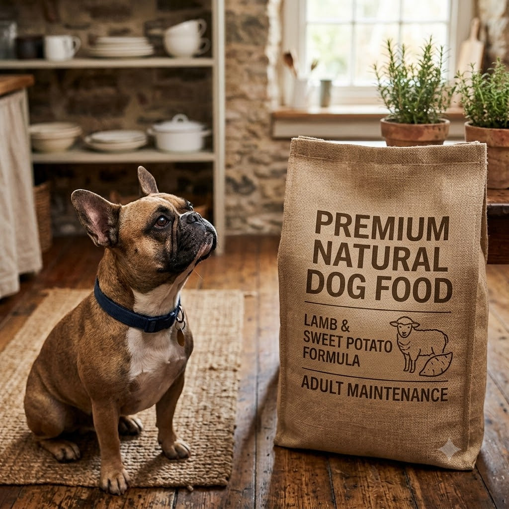 A fawn French Bulldog with a blue collar sits on a rustic wooden floor and looks with curiosity at a large burlap bag labeled 'PREMIUM NATURAL LAMB DOG FOOD' and 'FORMULA FOR ADULT DOGS' with a simple graphic of a sheep.