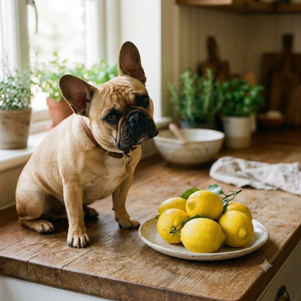 A curious fawn French Bulldog seated on a wooden surface, intently gazing at a small ceramic plate holding six fresh, whole yellow lemons with leaves, in a natural light setting.