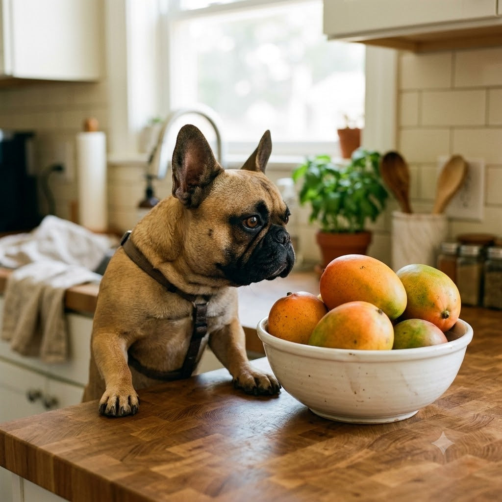 A fawn French Bulldog with a black mask stands on a wooden kitchen counter, peering intently into a white ceramic bowl overflowing with ripe, colorful mangoes.