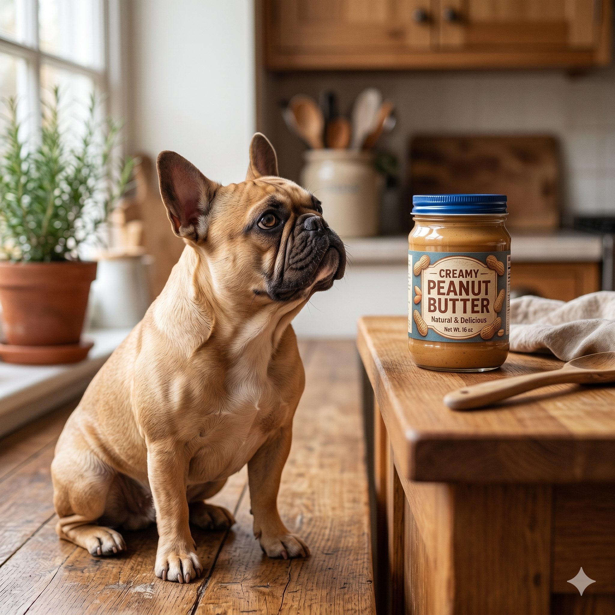 A square photograph of a fawn French Bulldog (no harness) sitting attentively on a kitchen floor, staring eagerly with focused eyes at a glass jar of creamy peanut butter resting on a rustic wooden counter.