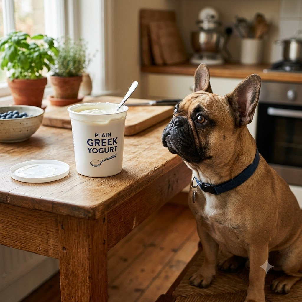 A fawn-colored French Bulldog with erect ears sits on a kitchen floor, looking intently at an open, plain white container of Greek Yogurt with a spoon.