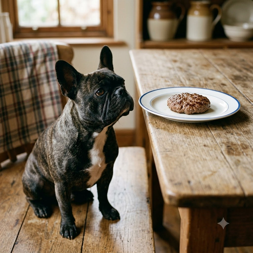 A brindle French Bulldog sitting on a rustic wooden floor, intently looking up with focused eyes at a single, plain grilled hamburger patty resting on a white ceramic plate on a worn wooden table.