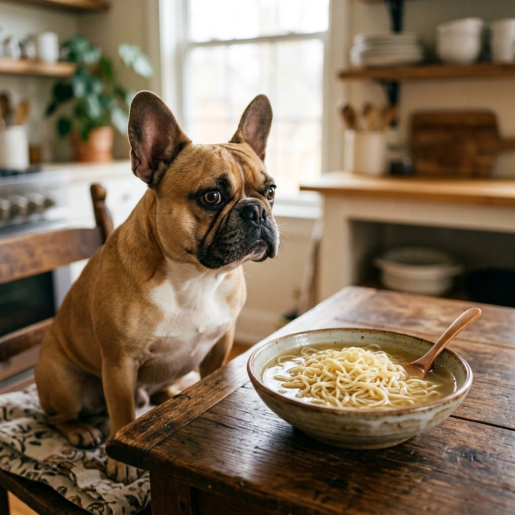 A square photograph capturing a fawn and white French Bulldog sitting on a kitchen chair, looking intently at a rustic bowl of noodles and soup.