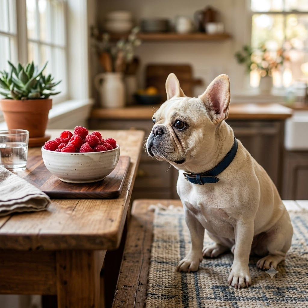 A charming cream-colored French Bulldog sitting comfortably on a textured rug, looking with intense curiosity and anticipation at a white ceramic bowl filled with fresh, ripe red raspberries