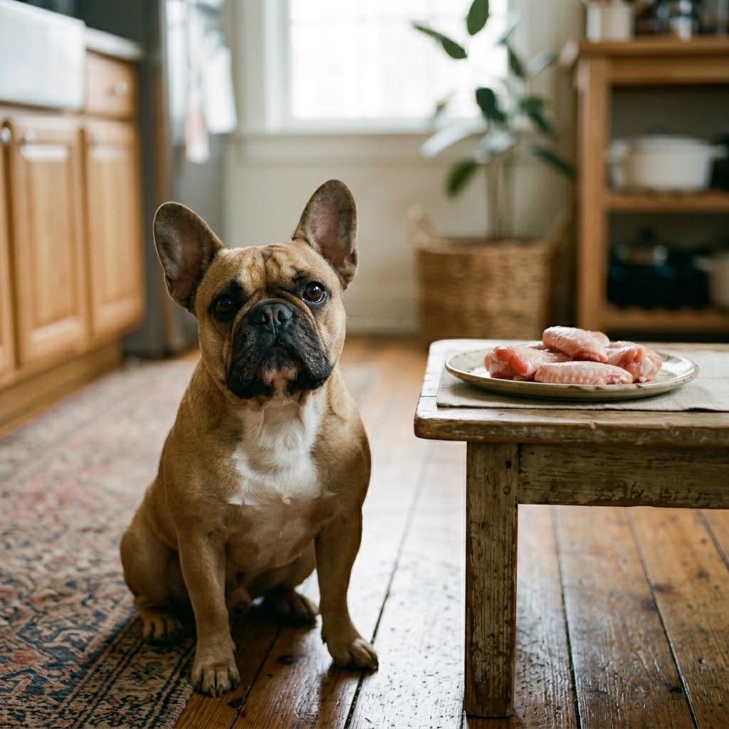 A tan French Bulldog with white markings stands in a rustic kitchen, looking with intense interest at a plate of raw chicken wings sitting on a wooden side table.