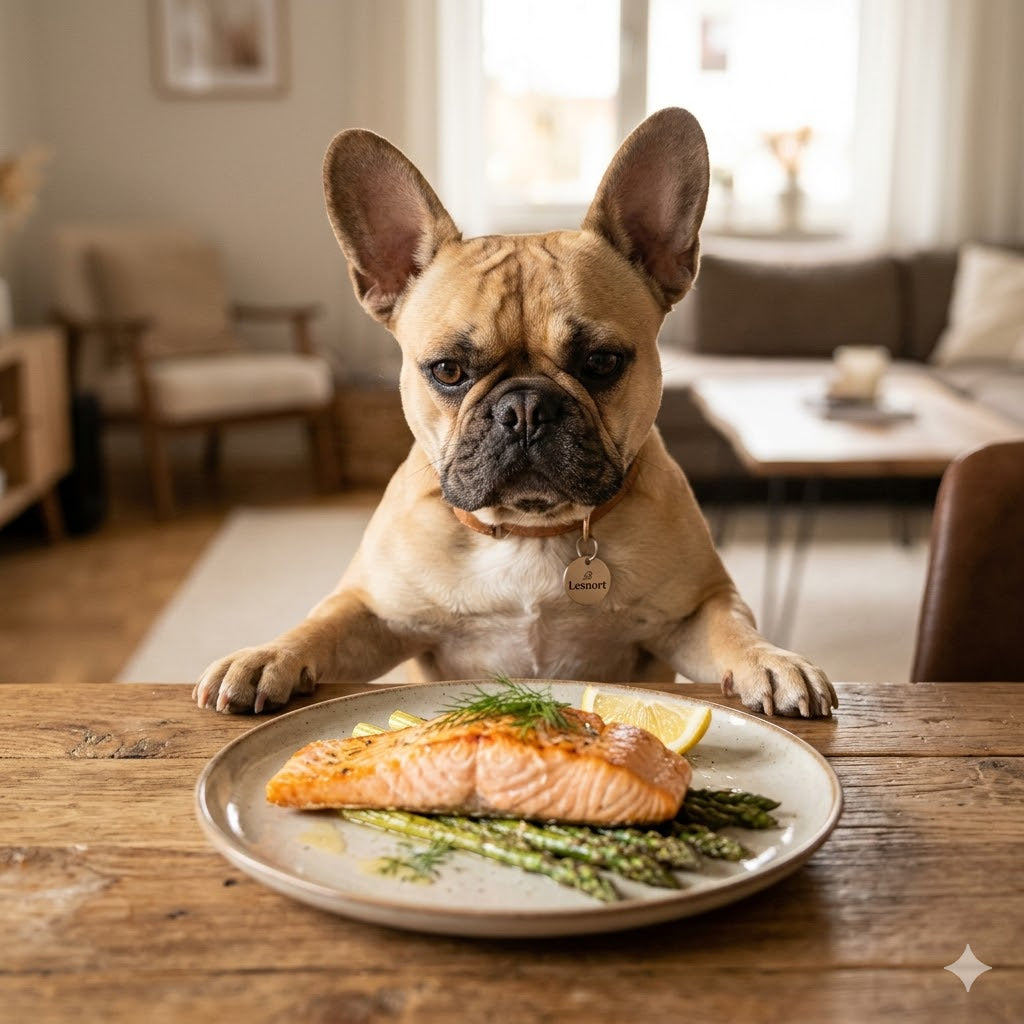 A 1:1 photograph captures a fawn French Bulldog with paws on a table, looking with intense curiosity and focus at a gourmet salmon filet on a plate. The dog wears a collar with a visible 'Lesnort' branded tag.