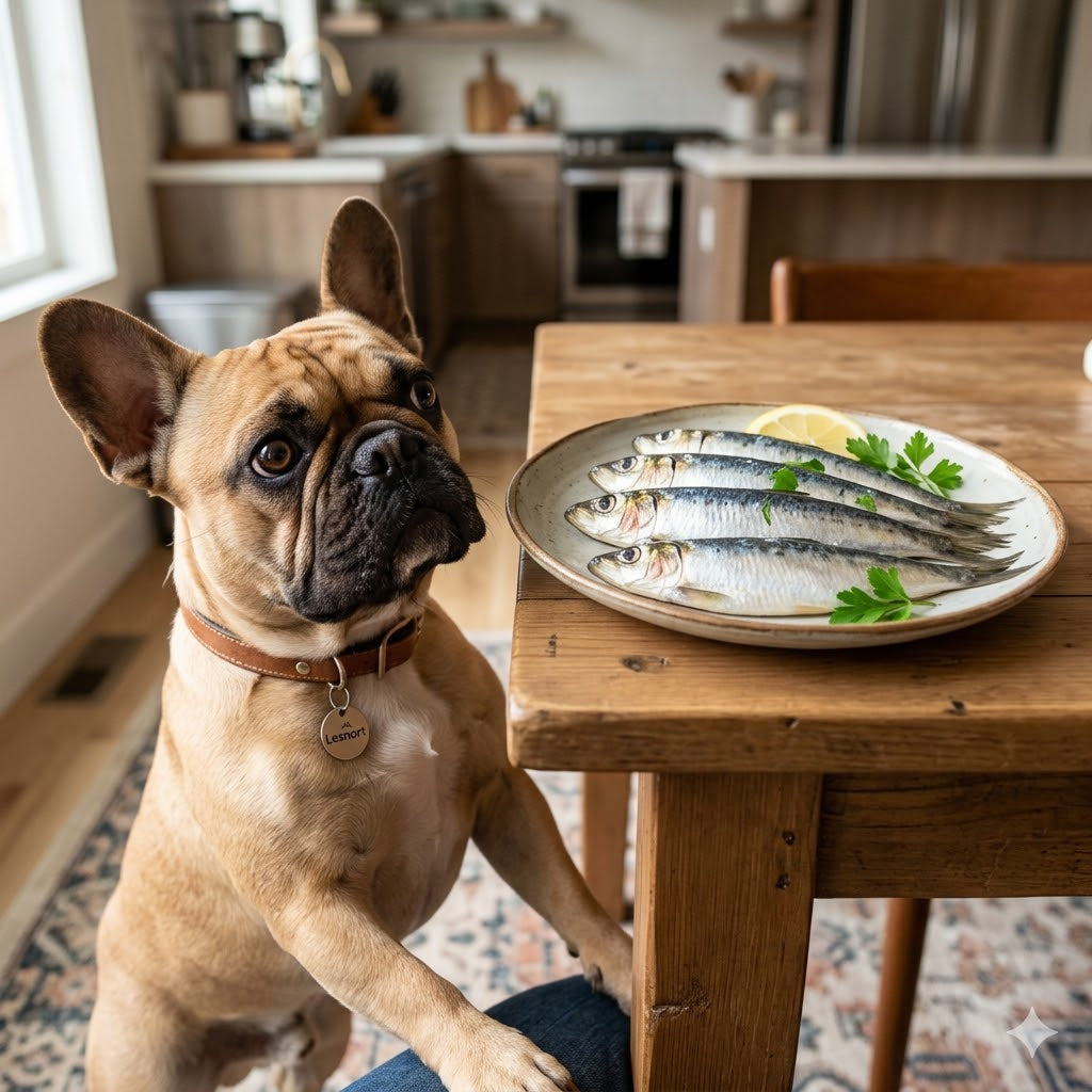 A close-up, square photograph captures a fawn French Bulldog sitting on a patterned floor rug, its head tilted and eyes wide with intense curiosity and longing, intensely looking at a plate of four large, glistening whole sardines.