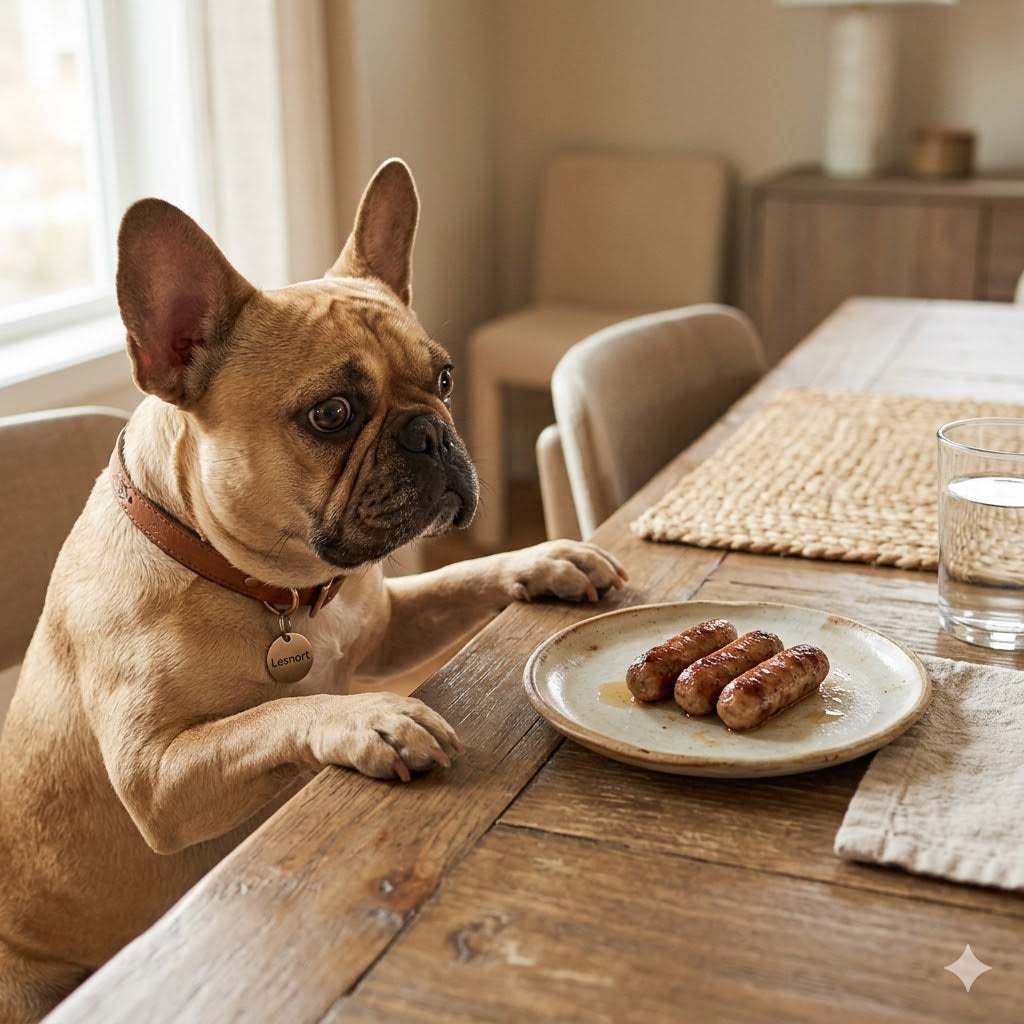A 1:1 photograph captures a fawn French Bulldog looking with intense curiosity at a plate of three small breakfast sausages on a wooden dining table.