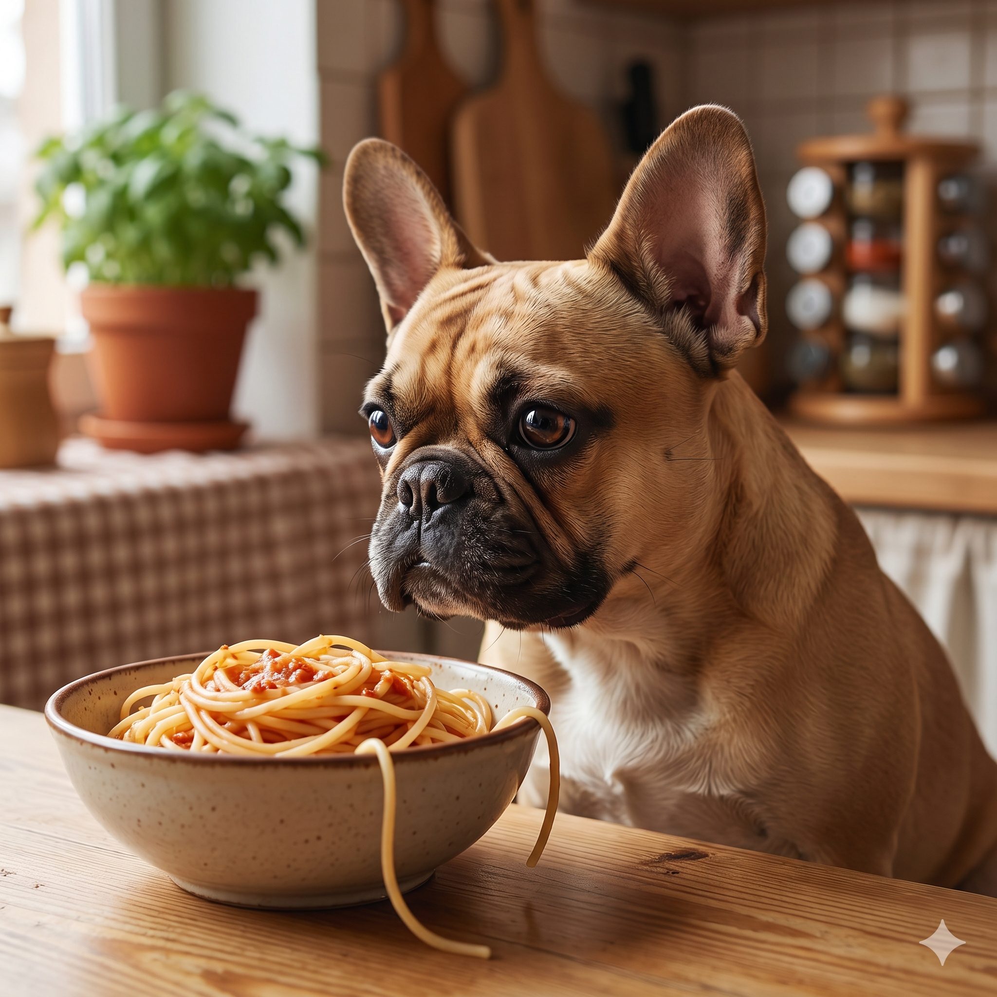 A close-up 1:1 photograph captures a fawn-colored French Bulldog sitting at a rustic wooden kitchen table, intently and curiously looking at a ceramic bowl of cooked spaghetti with a light marinara sauce.