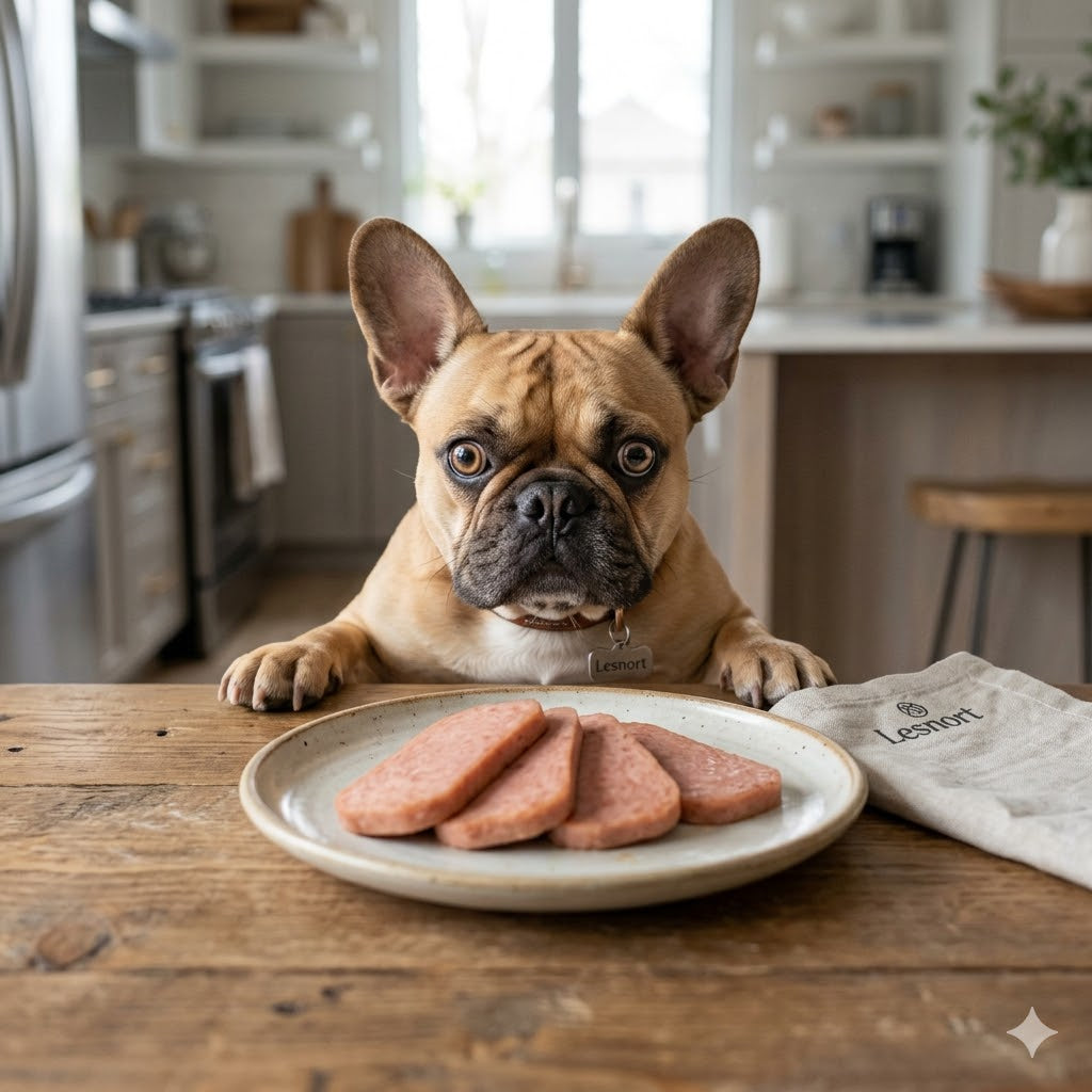 A close-up, square photograph captures a fawn French Bulldog standing on its hind legs with paws resting on a rustic wooden dining table, intensely gazing at a ceramic plate with four sliced spam pieces arranged on it.