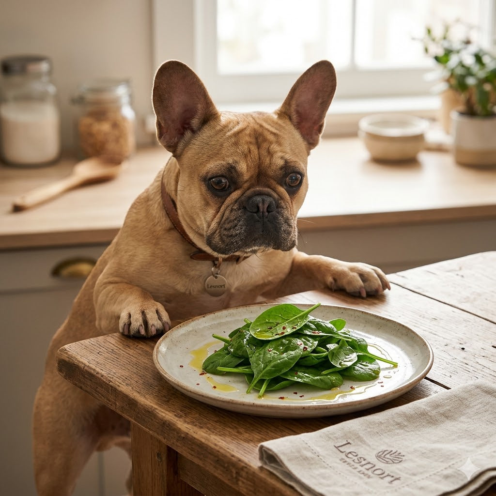 A close-up, square photograph captures a fawn French Bulldog with paws resting on a dining table, looking with focused curiosity and intent at a ceramic plate of fresh, green baby spinach leaves.