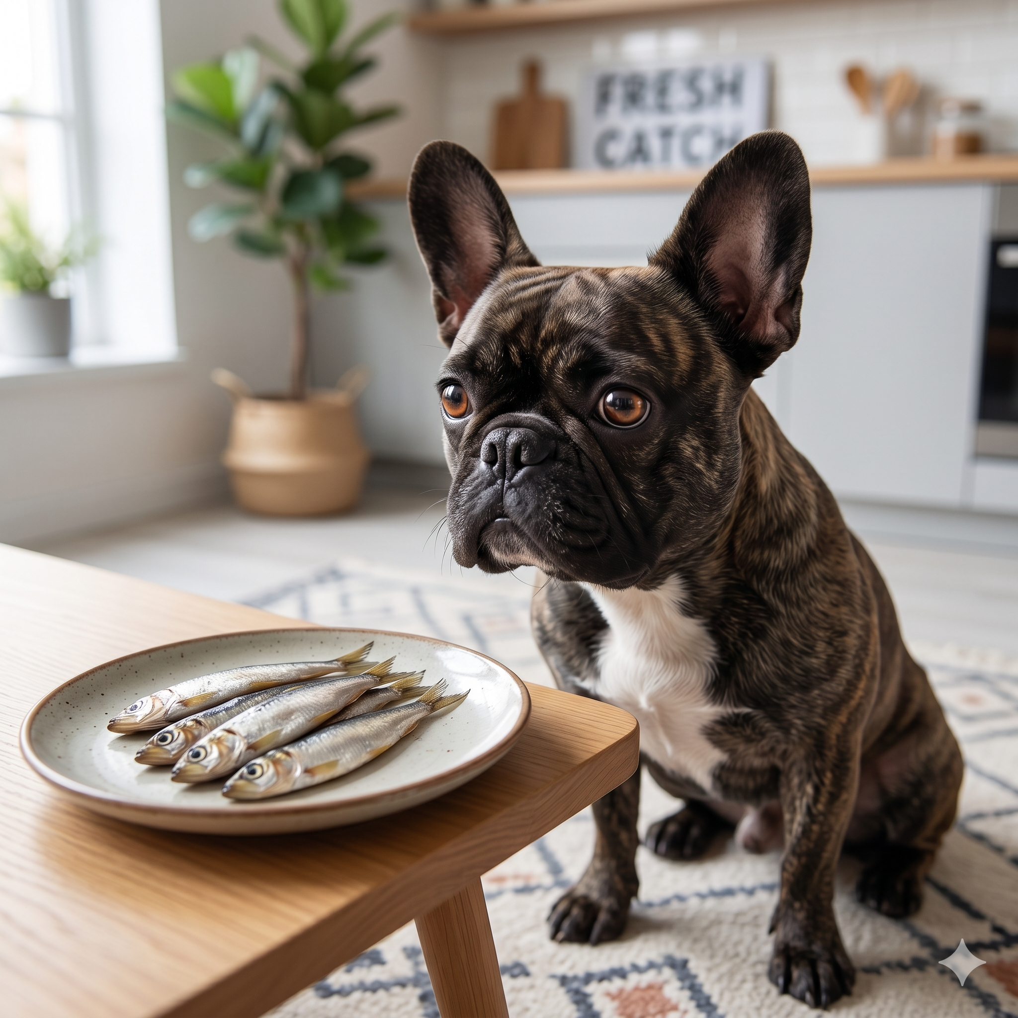 French bulldog is sitting on a patterned rug, looking intently and longingly at a ceramic plate on a low wooden table that holds a small serving of whole, silver sprats.