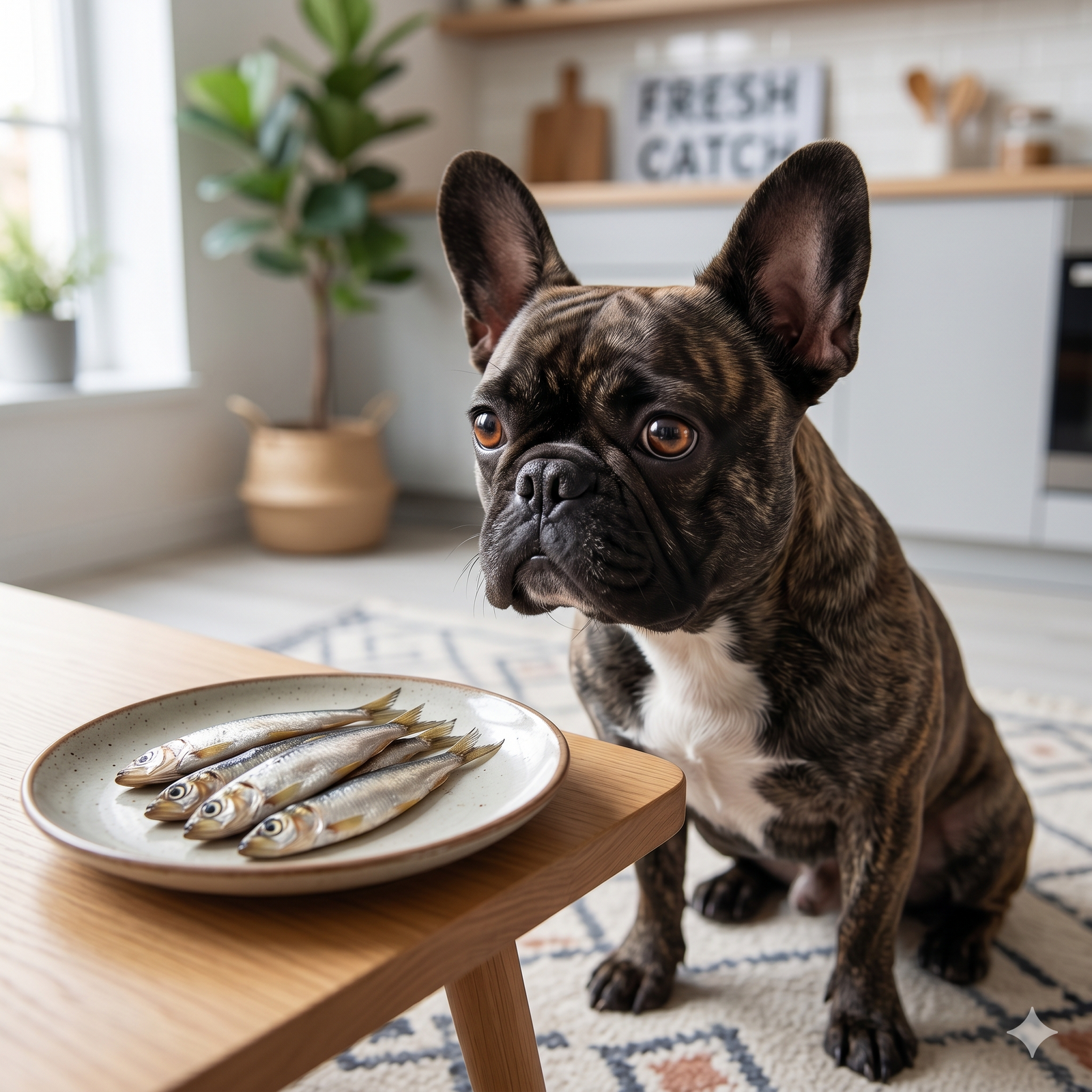 French bulldog is sitting on a patterned rug, looking intently and longingly at a ceramic plate on a low wooden table that holds a small serving of whole, silver sprats.