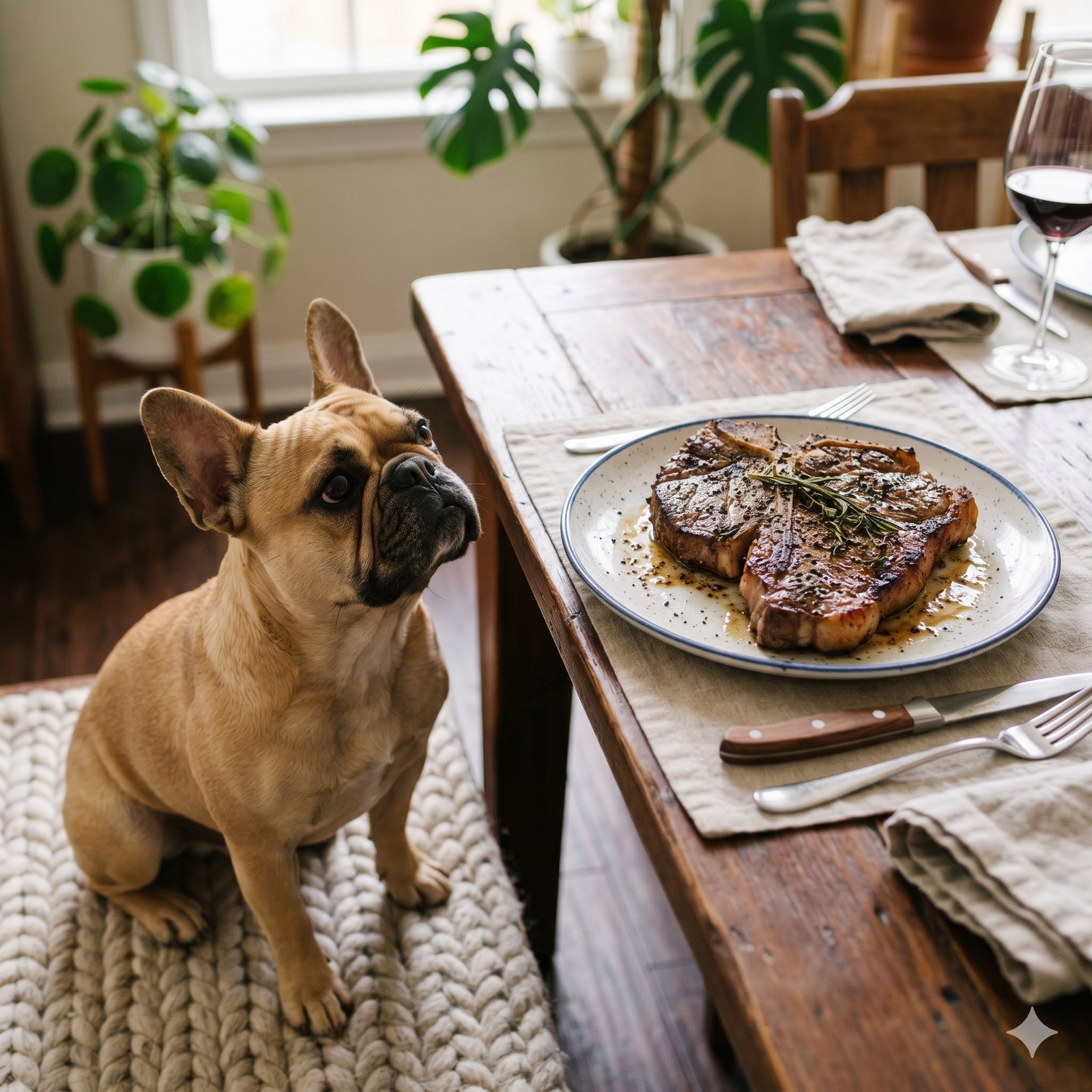 A fawn-colored French Bulldog sitting on a chair next to a dining table, looking intently up at a plate holding a large, cooked t-bone steak seasoned with rosemary.