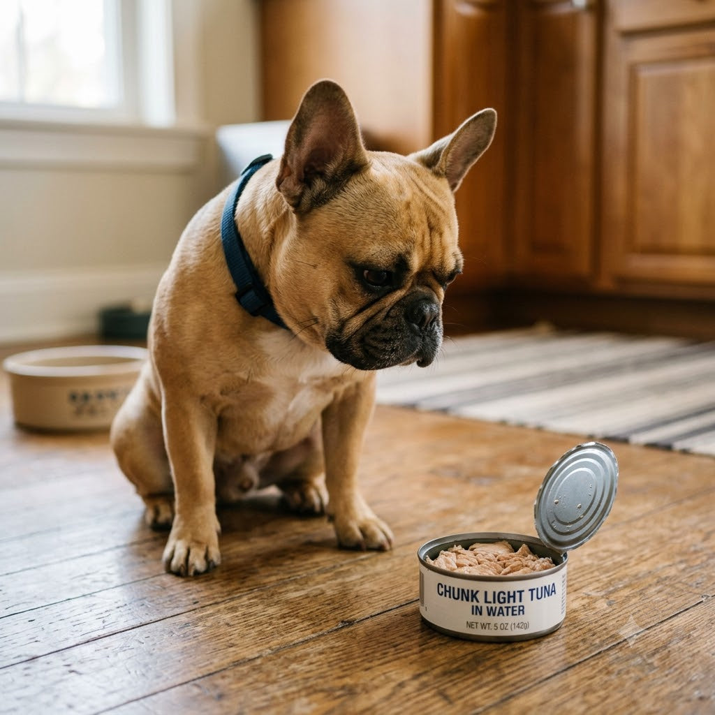 A fawn-colored French Bulldog sitting on a hardwood floor, looking intently at an open can of generic chunk light tuna.