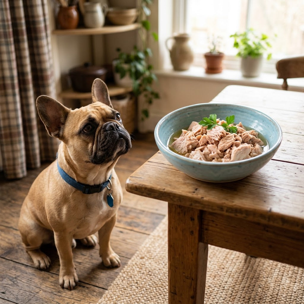A fawn French Bulldog with attentive bat ears and a blue collar sits on a rustic wooden floor, looking up eagerly and expectantly at a ceramic bowl filled with flaked tuna.