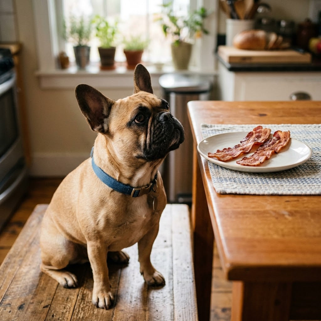 A square photograph capturing a fawn French Bulldog sitting on a wooden floor, looking with intense focus at a plate of cooked turkey bacon on a kitchen table.