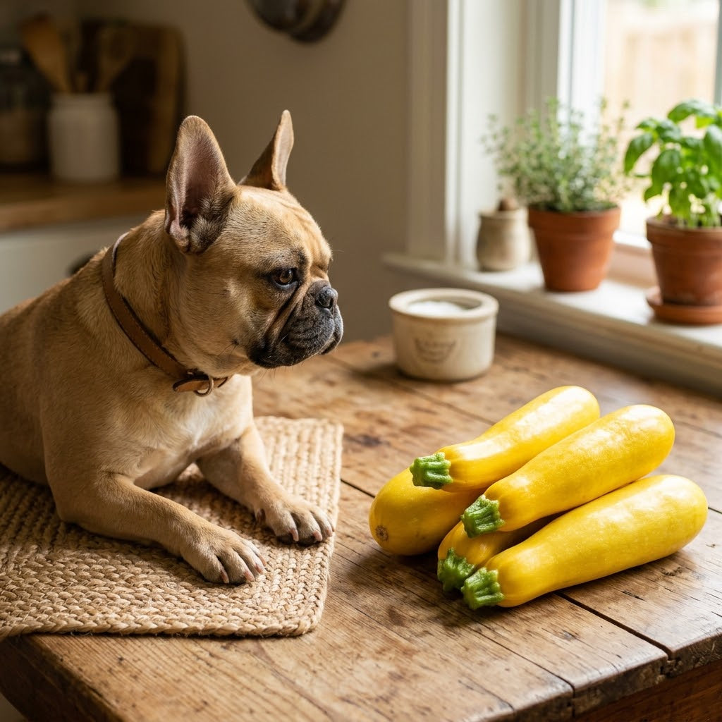 A fawn-colored French Bulldog with erect ears sits on a rustic wooden table and stares curiously at a pile of fresh yellow summer squashes with green stems.
