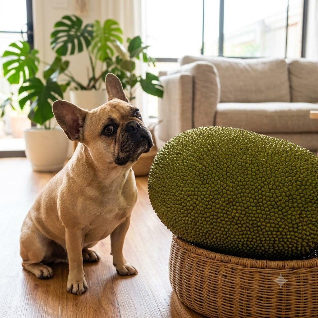 A 1:1 candid photo showing a curious fawn French Bulldog sitting on a wooden floor and craning its neck to look at a very large, whole green jackfruit resting on a basket in a sunlit living room.