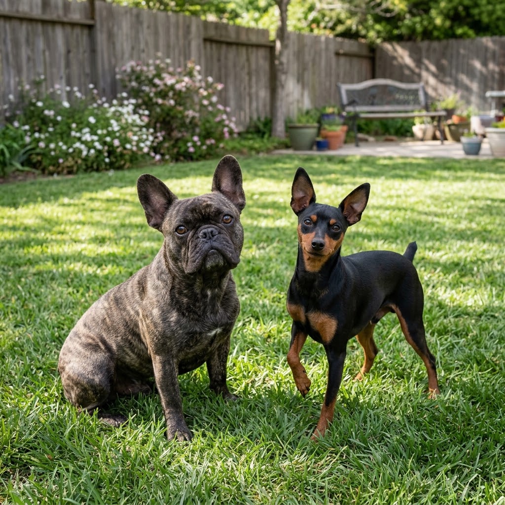 A brindle French Bulldog sitting on the grass next to an alert black and tan Miniature Pinscher in a sunny backyard with a wooden fence and flowering bushes in the background.