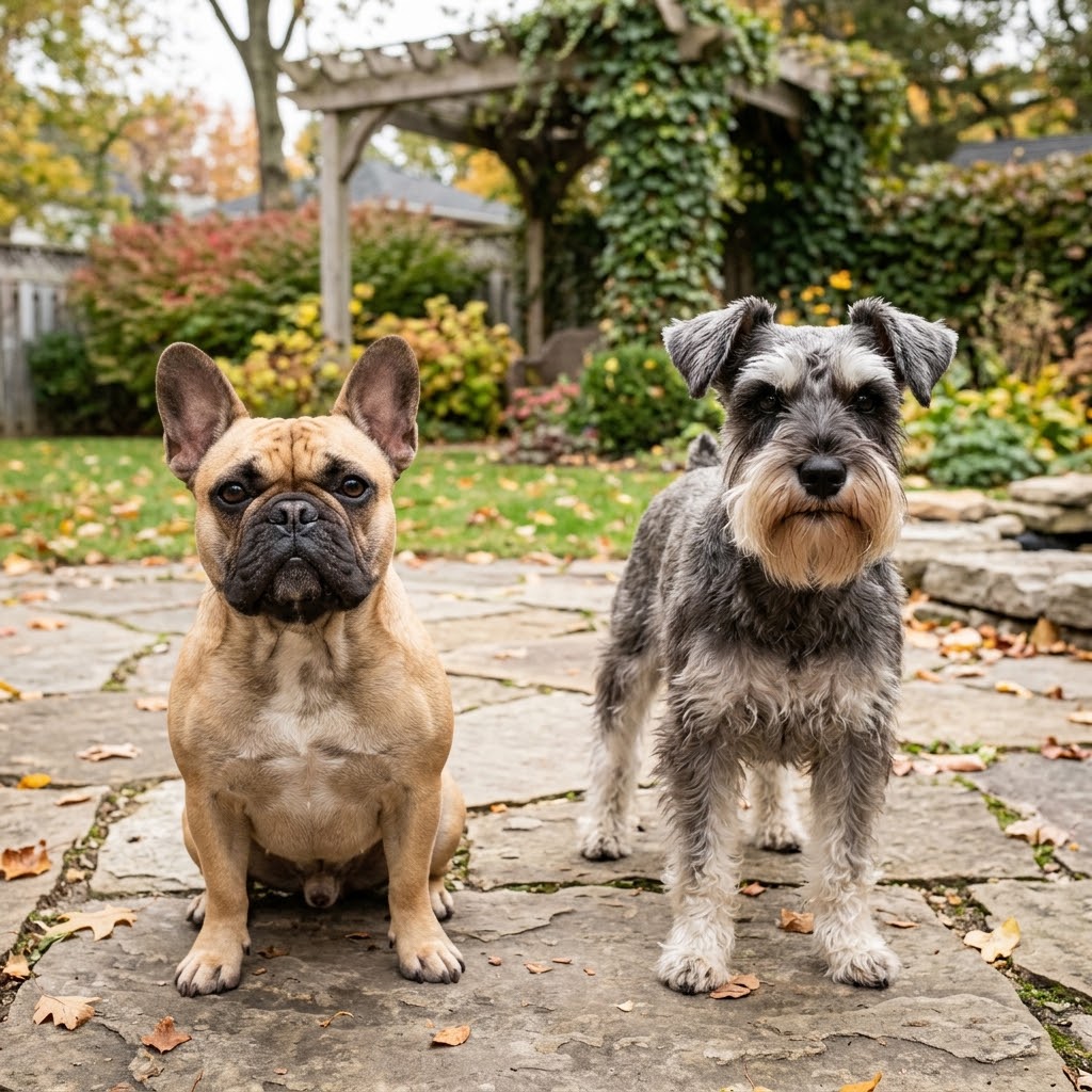 A fawn French Bulldog sitting on a stone patio in an autumn garden next to an alert pepper-and-salt Miniature Schnauzer, with a wooden pergola and lush foliage in the background.
