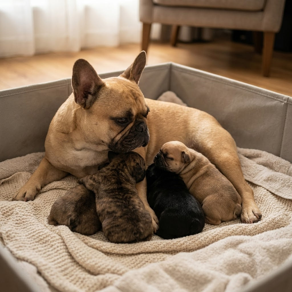 Four very small French Bulldog puppies are huddled close to her, appearing to nurse or sleep peacefully.