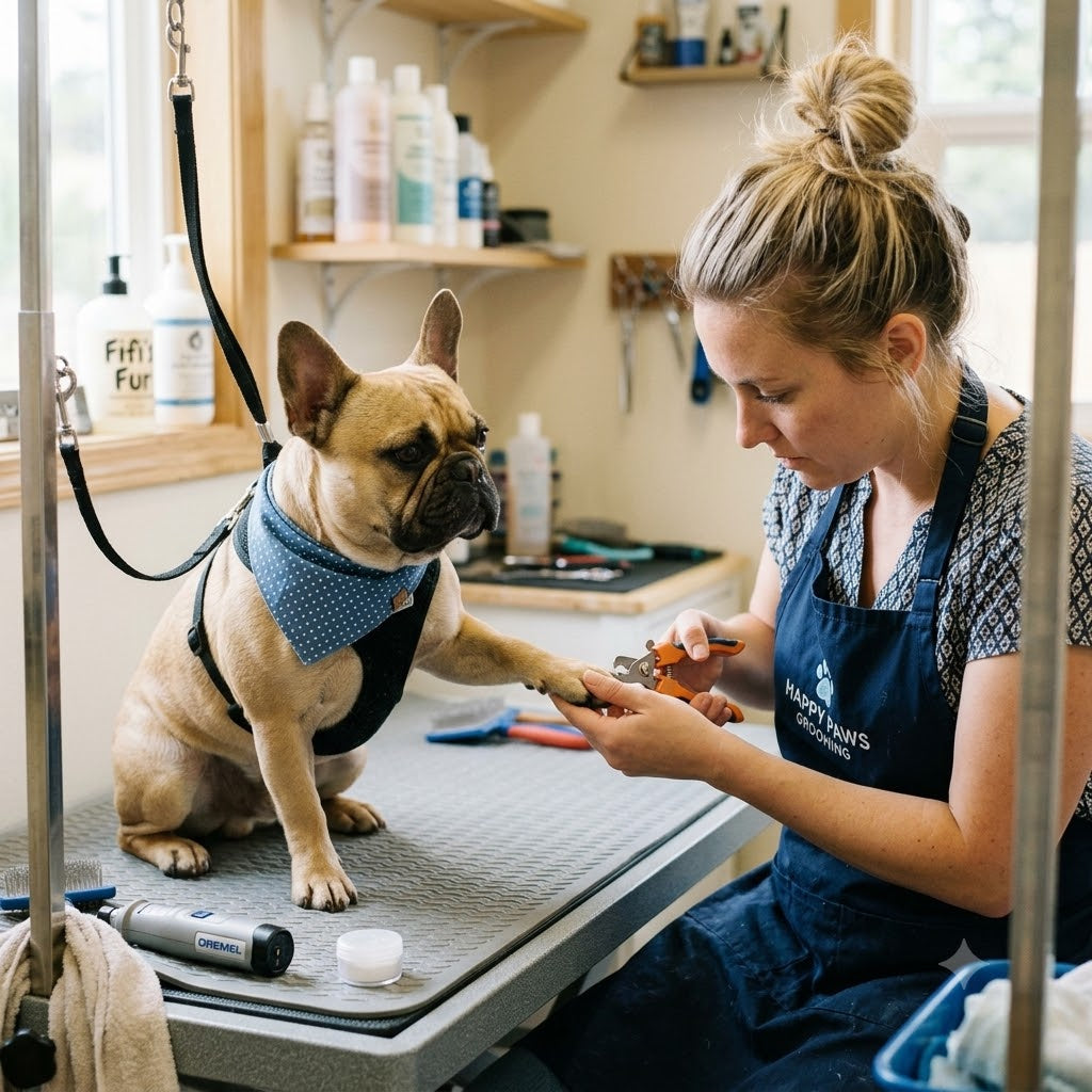 A close-up square photograph of a professional dog groomer carefully trimming the nails of a calm fawn-colored French Bulldog. The groomer wears an apron and uses orange-handled clippers while the dog sits on a grooming table in a salon environment.