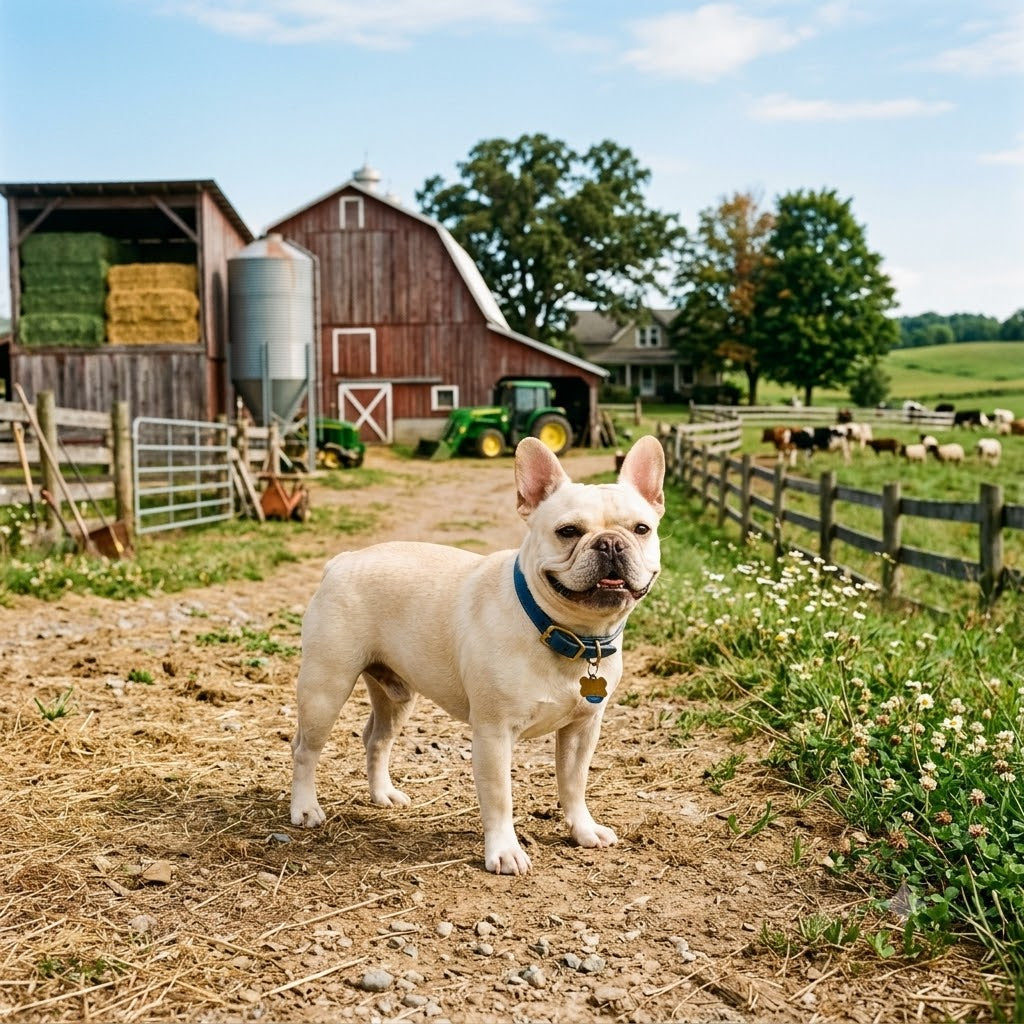 A cream-colored French Bulldog, wearing a blue collar and tag, stands confidently on a dirt track in a picturesque farmyard on a sunny day.
