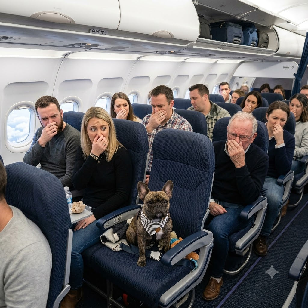 A 1:1 photograph captures a French Bulldog sitting upright in a window seat of a commercial airplane.