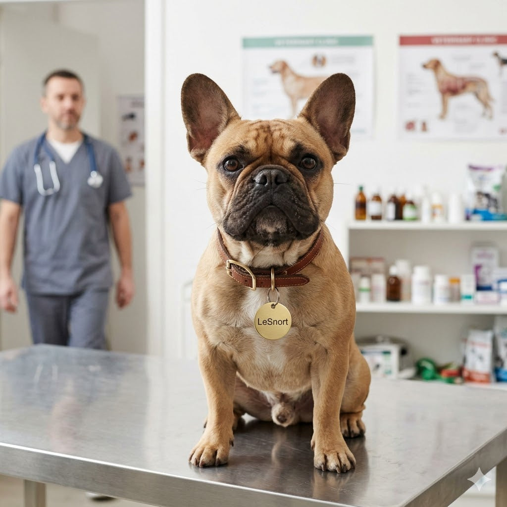A fawn French Bulldog is sitting attentively on a stainless steel examination table in a clean veterinary clinic, looking directly at the camera.
