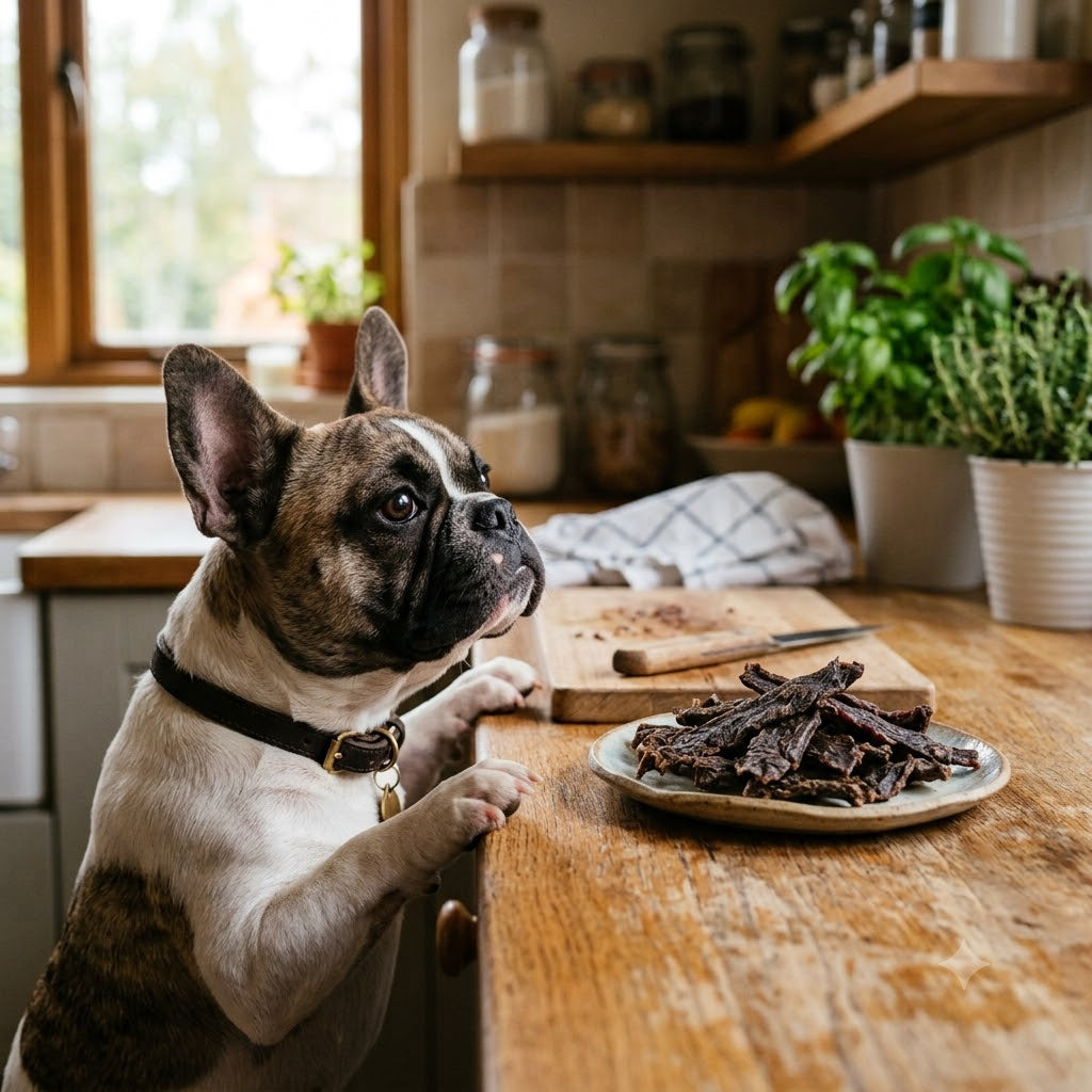 A brindle and white French Bulldog stands on its hind legs, peering intently over the edge of a rustic wooden kitchen counter at a plate of dark, dried beef jerky.