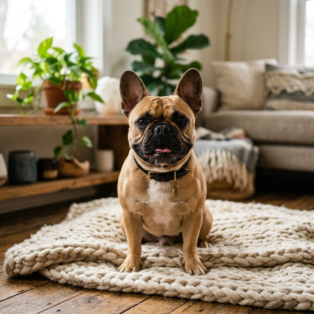 A fawn-colored French Bulldog sitting happily on a chunky knitted rug in a brightly lit living room.