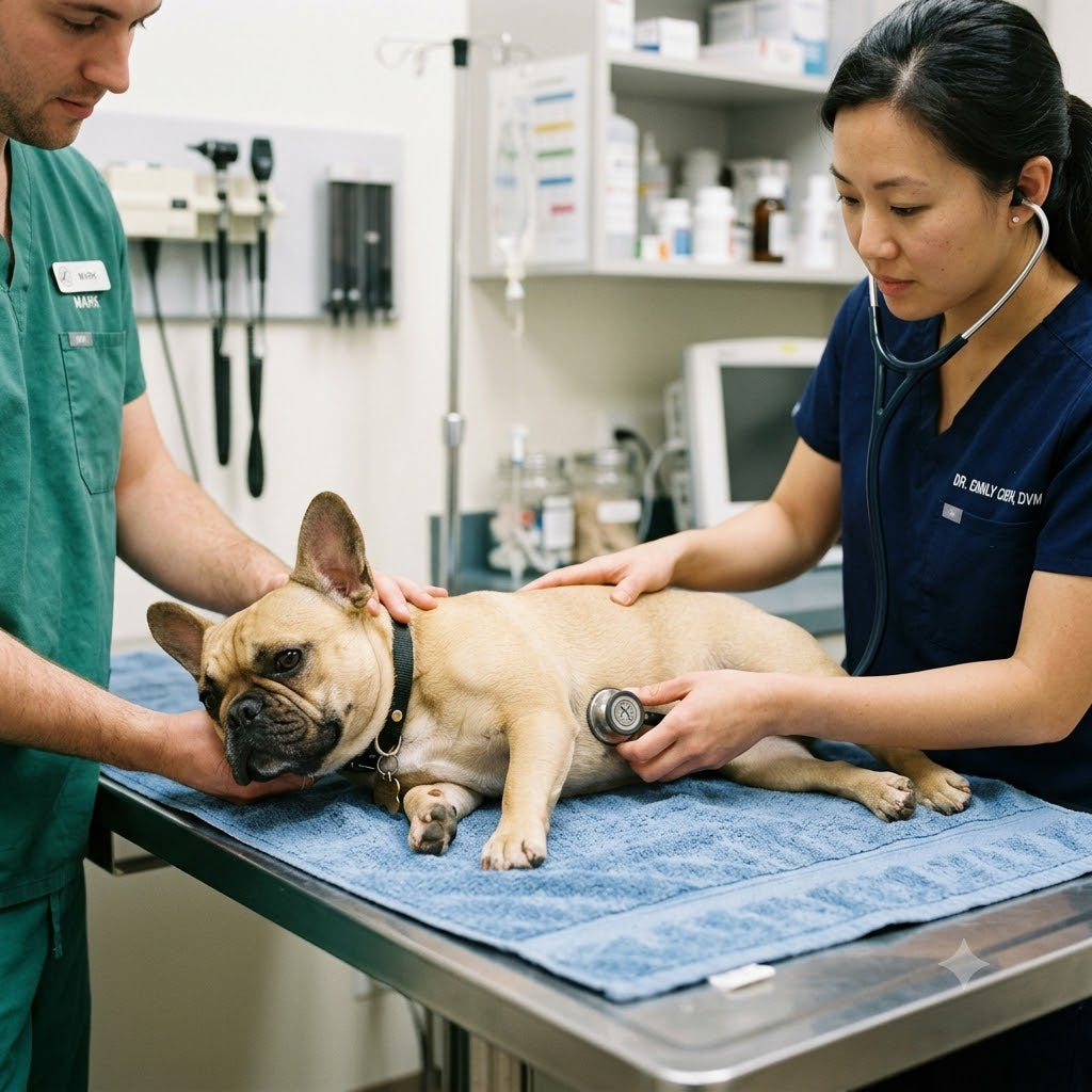 A small French Bulldog with tan fur lies calmly on its side on a veterinary examination table covered with a blue towel.