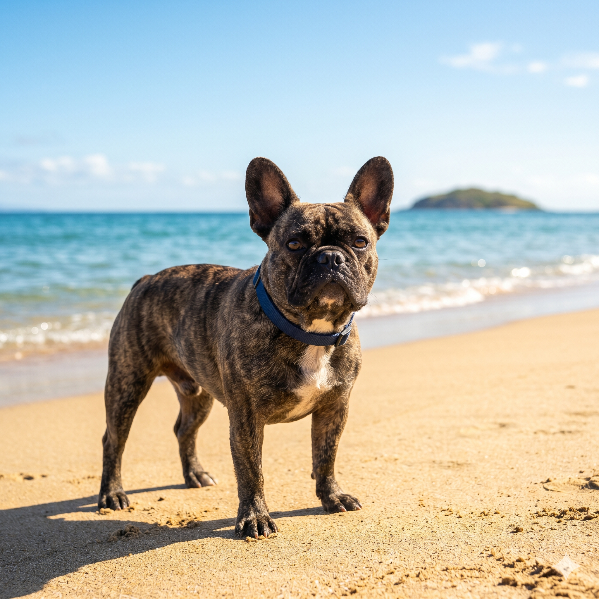 Brindle French Bulldog wearing a simple navy blue collar, standing confidently and look forward at eye level on a golden, sunlit beach. Gentle, sparkling turquoise ocean waves roll onto the shore, under a clear, bright blue sky.