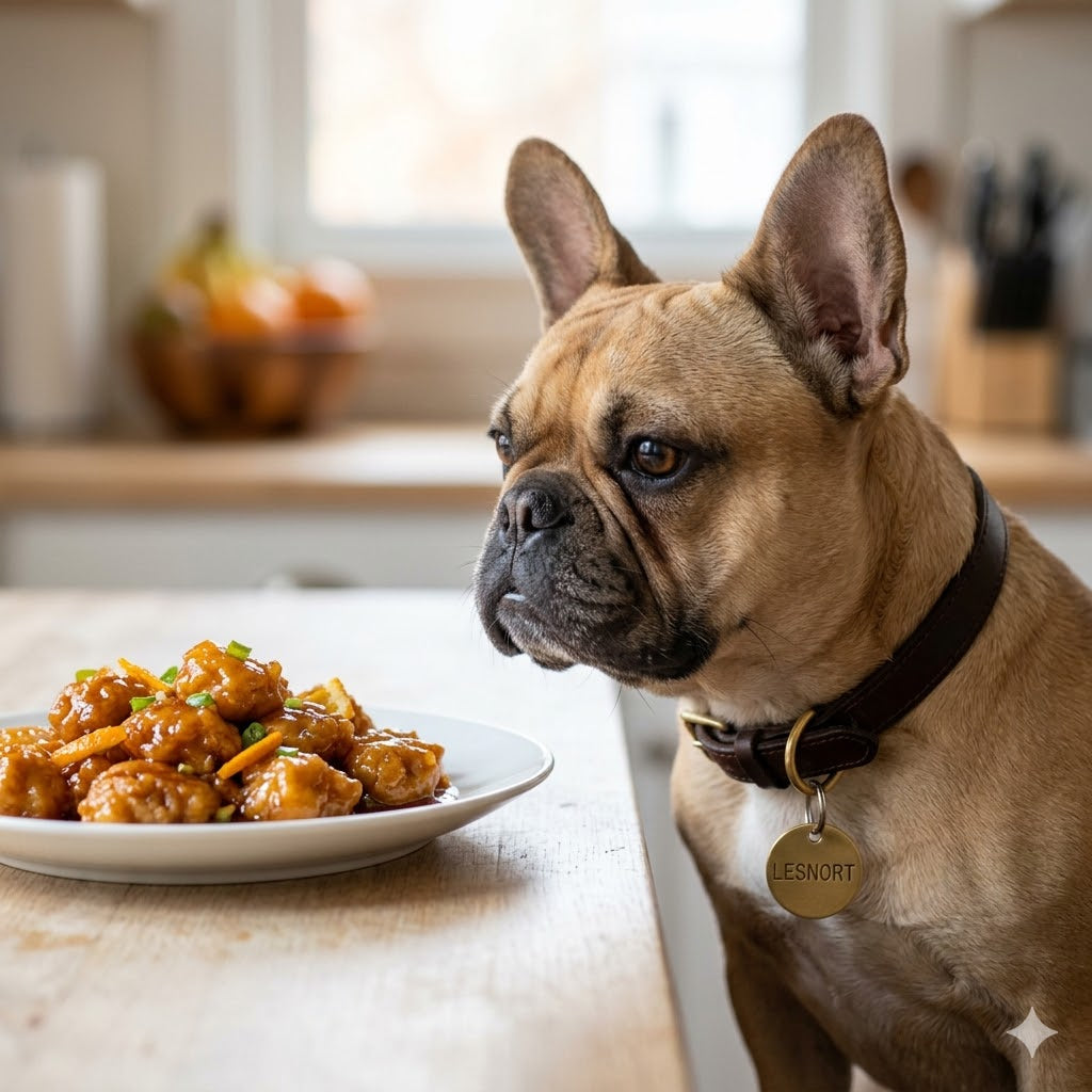A close-up, natural light, square photograph of a fawn-colored French Bulldog with bat ears, looking intently at a white plate of Orange Chicken with green onion garnish.