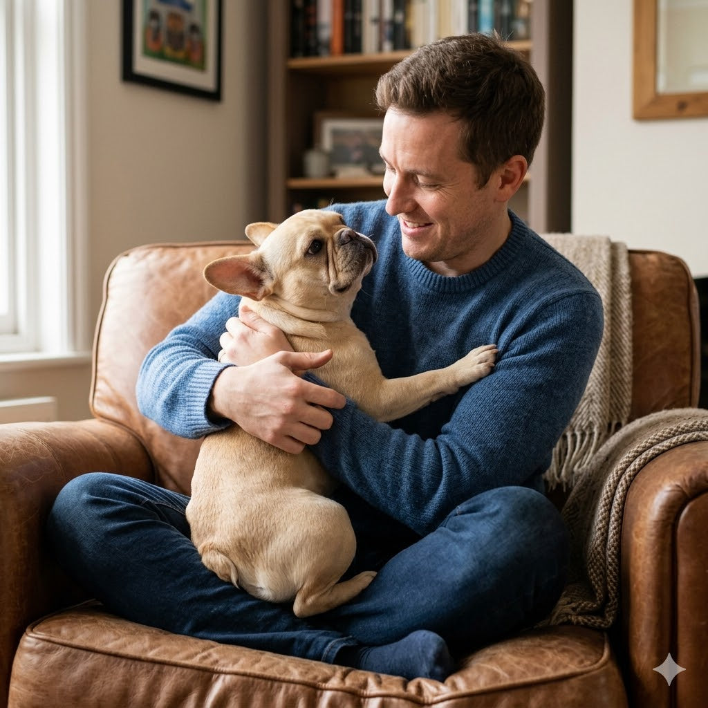 A heartwarming 1:1 square image capturing a fawn-colored French Bulldog in a deeply affectionate hug, resting its head on the chest of its seated owner.