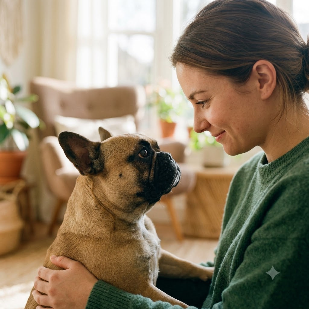 A close-up 1:1 square portrait photograph capturing a French Bulldog and its owner sharing an intimate and affectionate moment, looking deeply into each other’s eyes.