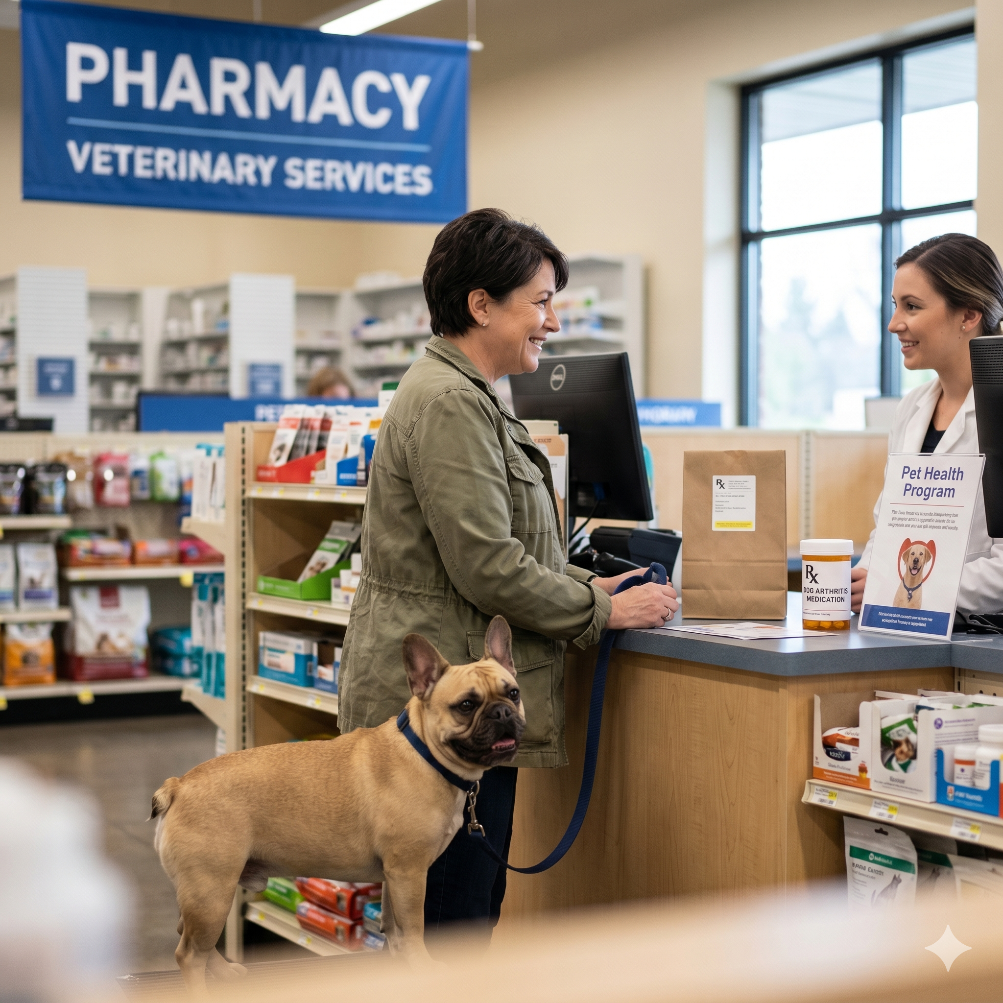 A reassuring square photo (1:1) of a smiling French Bulldog owner at a pharmacy counter, where she is receiving a paper bag with a prescription for 'DOG ARTHRITIS MEDICATION' for her fawn-colored French Bulldog.