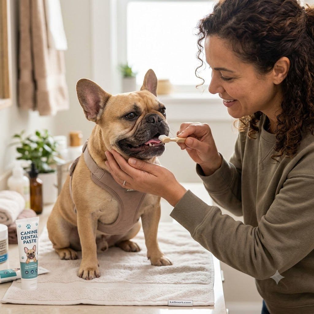 A candid, square (1:1) photograph capturing a moment of a fawn French Bulldog receiving a teeth cleaning from its owner in a cozy, home bathroom setting.
