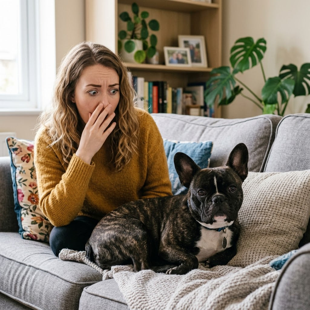 A startled woman sitting on a grey sofa in a brightly lit living room. She is looking down at her French Bulldog with wide eyes, an open mouth, and her hand covering her nose and mouth