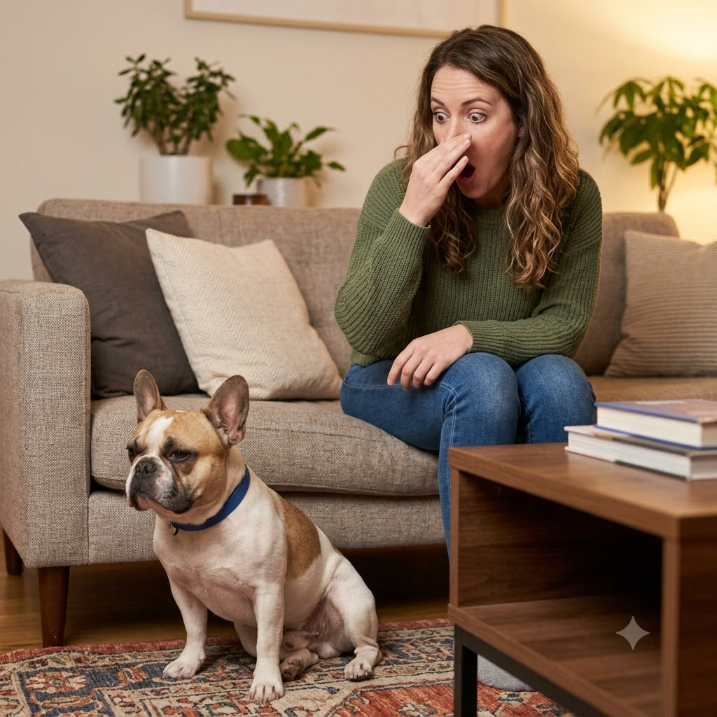 A woman with long, curly brown hair and wearing a green knit sweater and blue jeans is sitting on a grey fabric sofa with a French bulldog.