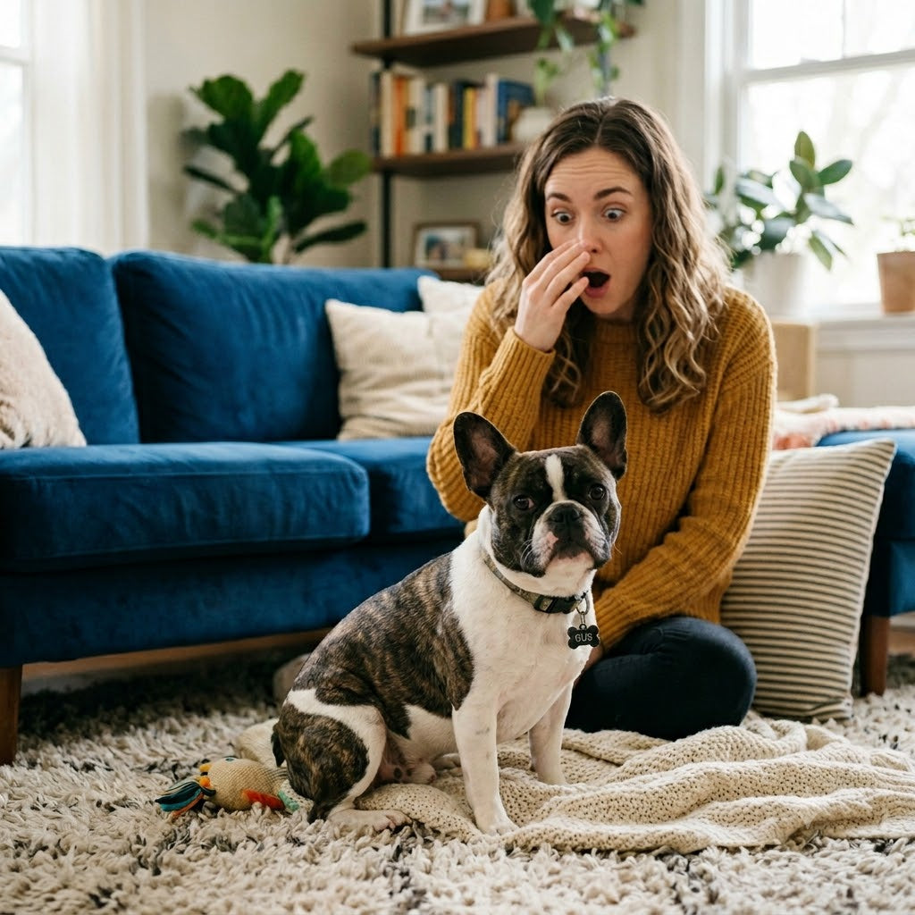 A square photograph of a brindle and white French Bulldog sitting innocently on a rug in a living room, immediately after passing gas