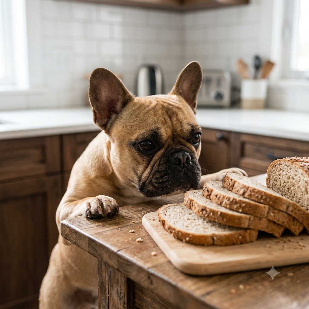 A tan French Bulldog gazing with a hopeful and intense expression at a cutting board piled with freshly sliced whole grain bread.