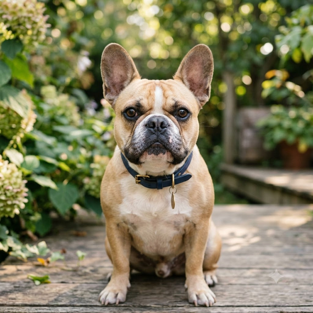 A close-up 1:1 portrait of a fawn and white French Bulldog sitting attentively and looking directly at the camera.