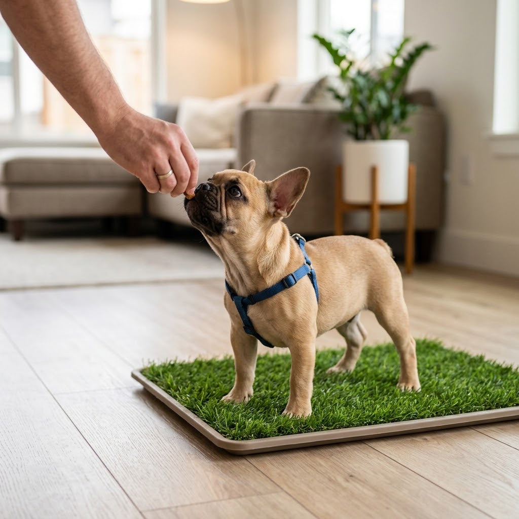 A candid indoor photograph of a fawn French Bulldog puppy, wearing a blue harness, standing on a designated artificial grass potty mat in a tray on a clean wood floor.