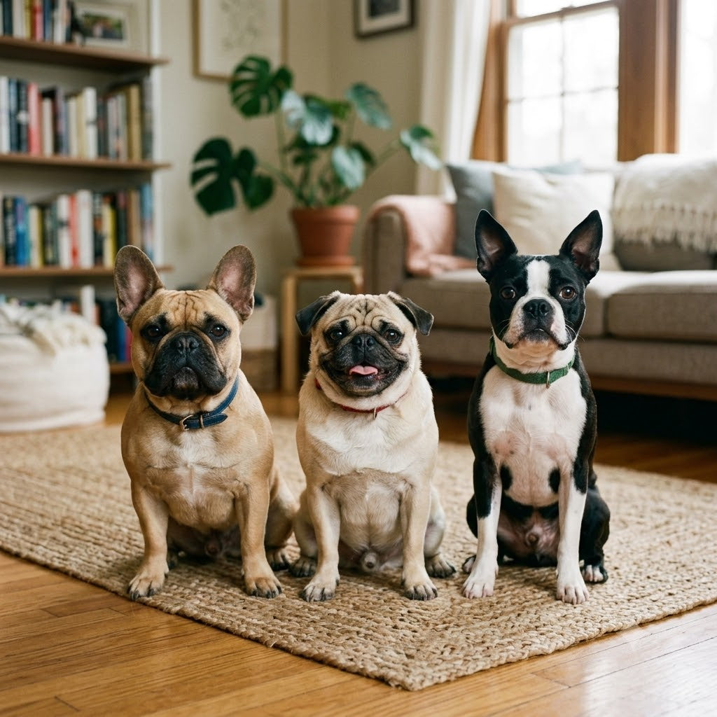A square, medium-shot photograph of a trio of small dog breeds sitting in a line on a textured woven jute rug in a cozy, sunlit living room.