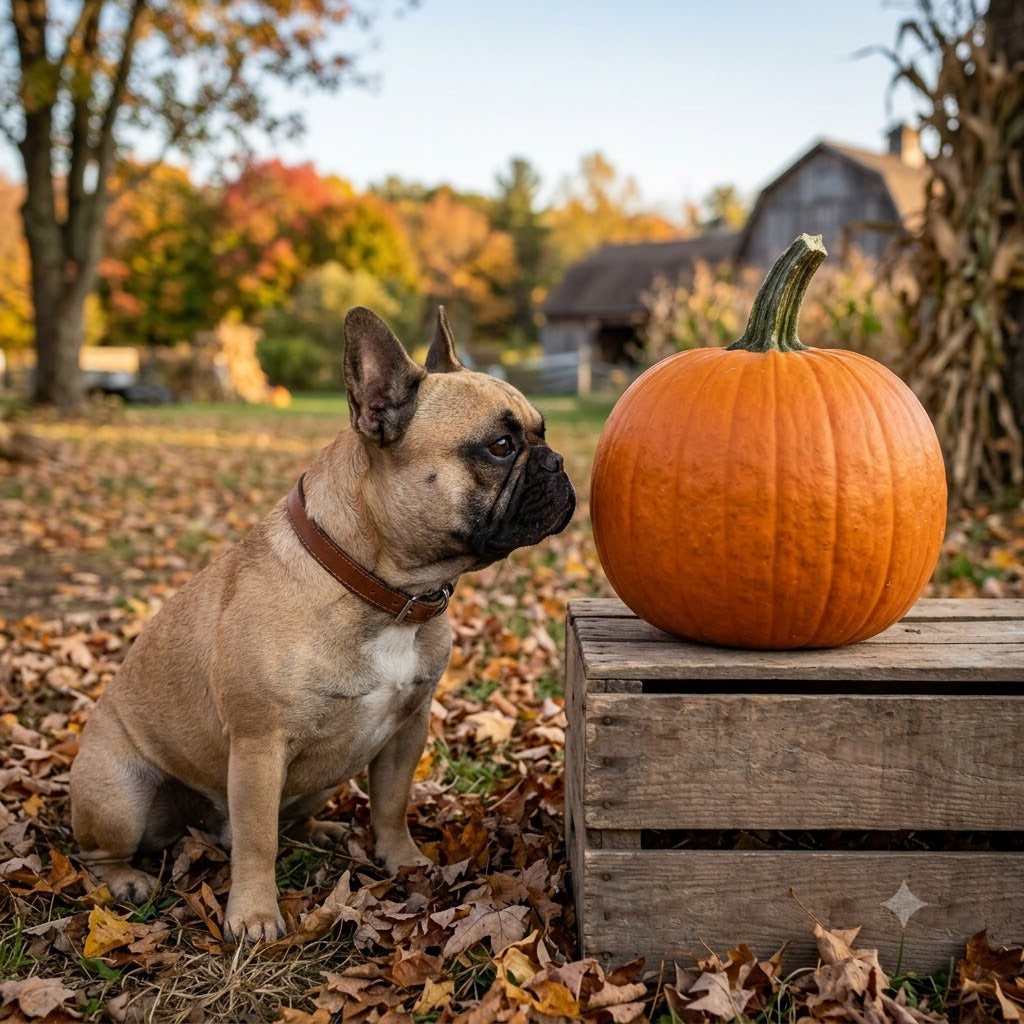 A fawn-colored French Bulldog with a black mask sits among fallen autumn leaves and looks curiously at a large orange pumpkin.
